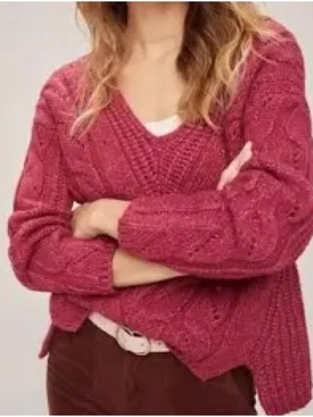 Anthropologie Raspberry Cable Knit V-Neck Sweater